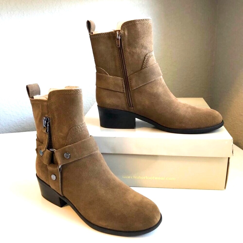 MARC FISHER Dalary Harness Ankle Moto Boots Brown Suede 6.5 NWT